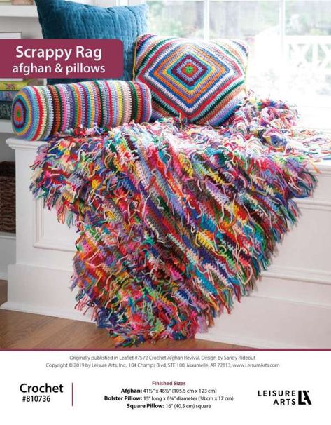 Scrappy Rag Afghan & Pillows Crochet Patterns – Crochet Scrap Yarn Crochet, Crochet Blanket Pattern Easy, Scrap Yarn, Afghan Patterns, Leisure Arts, Blanket Patterns, Double Crochet Stitch, Bag Crochet, Crochet Home