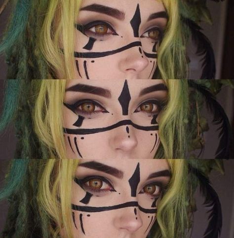 Fae Cosplay Makeup, Link Cosplay Makeup, Fairy Markings, Face Markings Makeup, Green Fantasy Makeup, Woodland Witch Makeup, Green Hair Costume Ideas, Fae Markings, Fae Larp