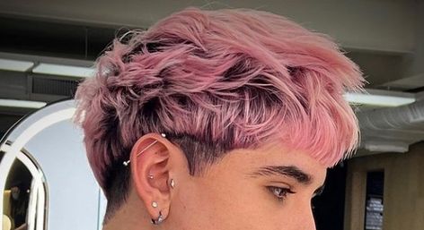 Mens Awkward Stage Hairstyles, Pink Hair Men Aesthetic, Pink Dyed Hair Men, Pink Hair Masculine, Pink Dyed Short Hair, Pink Short Hair Men, Men’s Pink Hair, Dyed Hair Inspiration Men, Mens Pink Hair