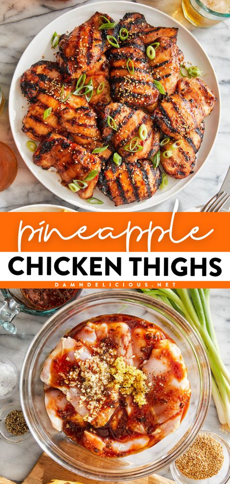 An easy chicken dinner for your Memorial Day food ideas! These grilled pineapple chicken thighs are so tender and juicy while being sweet and sticky. Use the leftovers of this summer grilling recipe for an amazing pineapple chicken fried rice! Simple Birthday Dinner Ideas At Home, Pineapple Chicken Thighs, Pineapple Chicken Fried Rice, Charred Pineapple, Grilled Pineapple Chicken, Easy Grilling Recipes, Grilled Chicken Thighs, Yummy Chicken, Easy Grilling