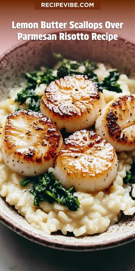 Looking for a quick yet delicious seafood dinner idea? This Lemon Butter Scallops over Parmesan Risotto recipe is the perfect blend of flavors and textures. Impress your family with this gourmet dish tonight! Save this recipe for your next seafood feast and elevate your dinner game! Scallop With Risotto, Recipes That Impress, Best Scallops Recipe, Salmon And Risotto Dinners, Scallop And Risotto Recipe, Salmon With Risotto, Scallops And Risotto Recipes, Christmas Risotto Recipes, Scallop Dinner Ideas Meals