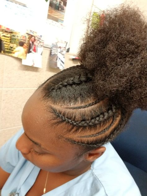 Half Braided Puff Updo on My Natural Hair Braided Bun Natural Hairstyles, Puff Updo Hairstyles Black Hair, Braids Into Puff Natural Hair, Braided Puff Hairstyles Black Women, Braid Puff Natural Hair, Braided Puff Hairstyles, Natural Hair Styles Easy 4c Short Puff, Cornrows With Afro Puff, Puff With Braids