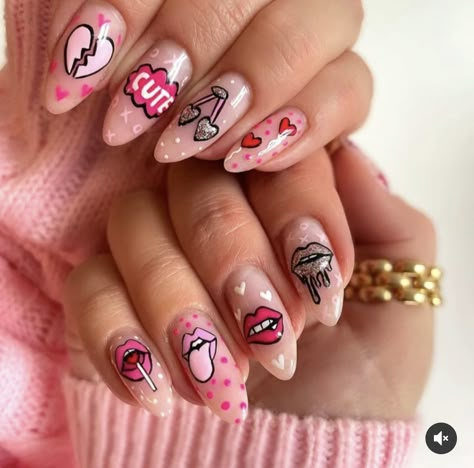 Trippy Valentines Nails, Valentines Day Nails Alternative, Valentines Day Character Nails, Hey Arnold Valentines Day Nails, Graffiti Valentines Nails, Matted Nails, Manicure Nail Designs, Pointed Nails, Stiletto Nails Designs