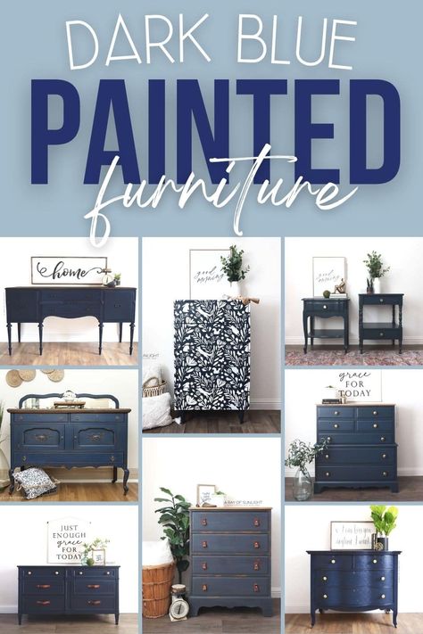 Dark Blue Painted Furniture Navy Painted Furniture Ideas, Dark Navy Furniture Paint, Dark Navy Furniture, Dark Blue Chalk Paint Furniture, Dark Blue Painted Furniture, Dark Blue Dressers Painted, Dark Blue Coffee Table, Navy Blue Painted Furniture, Navy Blue Dressers Painted