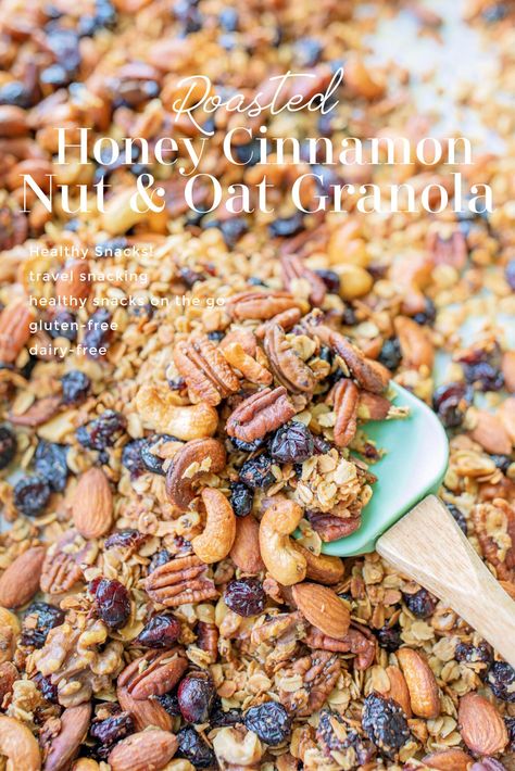 Roasted Honey Cinnamon Mixed Nut & Cherry Oat Granola - Simply Taralynn | Food & Lifestyle Blog Honey Granola Recipe, Cherry Granola, Healthy Travel Snacks, Granola Recipe Healthy, Cinnamon Granola, Healthy School Snacks, Honey Granola, Simply Taralynn, Honey Cinnamon