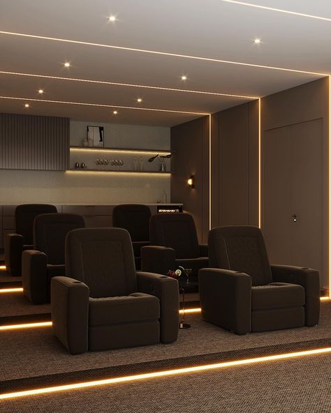 Transform your space into a true home cinema! This home theater is designed to offer an unforgettable movie experience, with a modern and sophisticated touch. Who’s ready for a stylish movie night? #InteriorDesign #HomeTheater #HomeCinema #LuxuryLiving #InteriorDecor #DecorTrends #HomeDecor Movie Room Modern, Modern Theater Room, Home Theatre Design Interiors, Cinema Interior Design, Home Movie Theatre, Modern Movie Room, Cinema Room Decor, Home Cinema Room Ideas, Luxury Home Cinema Room