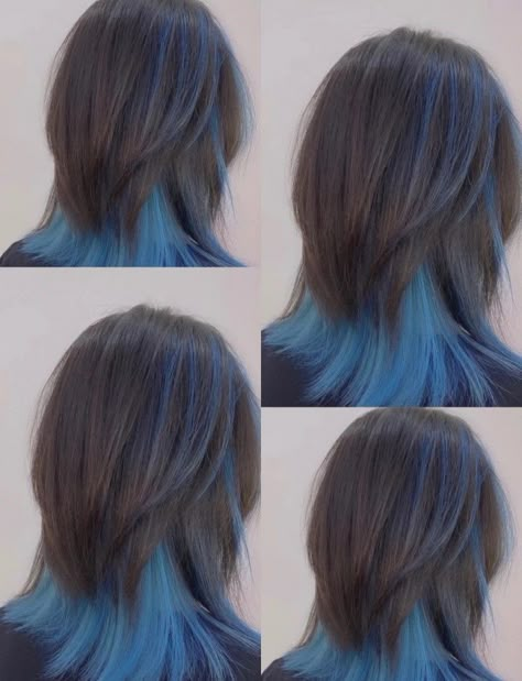 Inosuke Hair Dye, Wolfcut Dyed Underneath, Wolfcut Hair Dye, Wolfcut Hair Color, Wolfcut Hair Color Ideas, Mullet Highlights, Hair Color Inspiration For Asian, Peak A Boo Hair Color, Korean Hair Dye