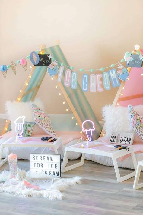 The teepees at this Ice Cream Slumber  Party are adorable! See more party ideas and share yours at CatchMyParty.com #catchmyparty #partyideas #slumberparty #icecreamparty Ice Cream Birthday Party Ideas, Ice Cream Themed Birthday Party, Ice Cream Themed Birthday, Girls Sleepover Party, Sleepover Tents, Birthday Sleepover Ideas, Glamping Birthday, Slumber Party Birthday, Cream Birthday Party