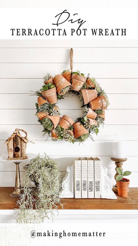 A N N A | Making home matter’s Instagram profile post: “You can always rely on Pinterest for diy home inspiration & that’s where I got the idea for this terracotta pot wreath! I’m all about…” Terracotta Pot Wreath, Spring Highlights, Pot Wreath, Anna King, Easter Porch, Easter Porch Decor, Fun Wreath, Greenery Decor, Heart Shaped Wreaths