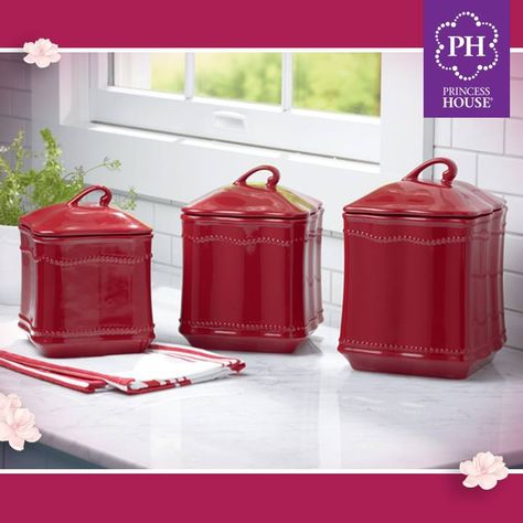 These red canisters make us smile❤️. Not only are they stunning, but they are also perfect for kitchen organization. Red Kitchen Canisters, Princess House Cookware, Ceramic Kitchen Canister Sets, Cabin Kitchen Decor, Ceramic Kitchen Canisters, Ceramic Canister Set, Red Kitchen Decor, Princess House Crystal, Ceramic Canister