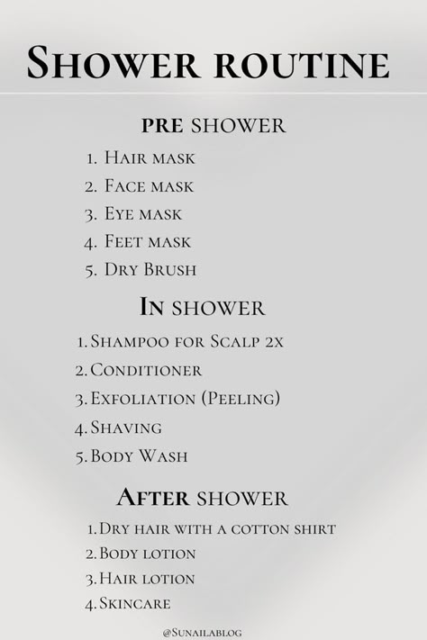 Skin Care Shower Routine, Daily Shower Routine, Everything Shower Routine Steps List, Relaxing Shower Ideas, Everything Shower Routine Checklist, Everything Shower Checklist, Pre Shower Routine, Shower Skin Care Routine, At Home Beauty Treatments