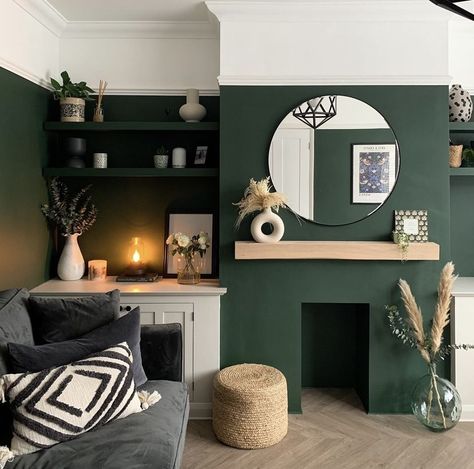 Green Purple Living Room, Cottages House, Dark Green Living Room, Media Walls, Oak Mantel, Green Living Room Decor, Gold House, Green Lounge, Green Living Room