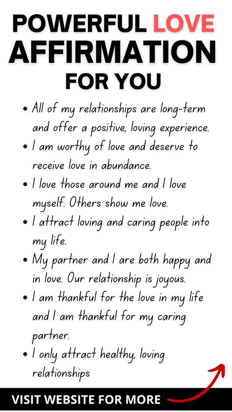 Love is such an integral part of our lives. It's something we all deserve. So, here I bring you affirmations for love. They will help you build stronger relationships in all areas of your life. With love and relationship affirmations we help open up our minds to more awareness and gratitude. It is such a fortune to have people that love and care for us and we need to express that to them. Affirmations For Love, List Of Affirmations, Relationship Affirmations, Love Affirmation, Chakra Affirmations, Healing Affirmations, Gratitude Affirmations, Affirmations For Happiness, Daily Positive Affirmations