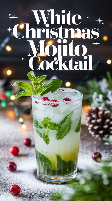 "Discover the perfect White Christmas Mojito cocktail recipe for your holiday celebrations! This refreshing twist on the classic mojito combines winter flavors, making it an ideal choice for festive drink recipes. Elevate your Christmas party drinks with this delightful winter cocktail idea that will impress your guests. Explore various mojito variations and make your holiday cocktails unforgettable! Cheers to a magical season!" White Christmas Mojito Recipe, Mojito Variations, Christmas Mojitos, Christmas Mojito Recipe, Winter Mojito, Winter Cocktail Ideas, White Christmas Mojito, Festive Christmas Drinks, Christmas Mojito