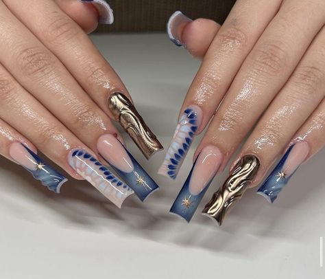 Navy Blue Square Nails, Nails Ombre Chrome, Ombre Chrome, Ombre Chrome Nails, Nails Business, Blue French Tip, French Tip Press On Nails, Navy Blue Nails, Chrome Nail Art