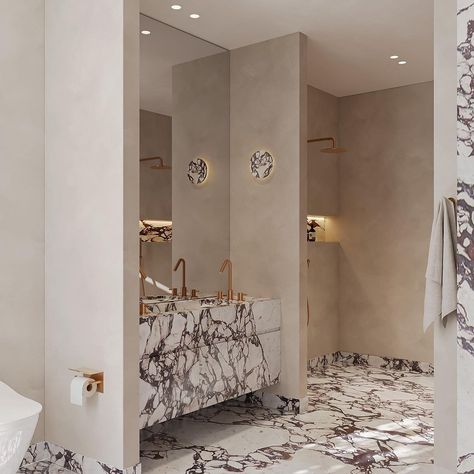 Welcome to Belair. 🤍 The latest design and development interior project. @fcgroup.au @rmabuilt | Instagram Venetian Plaster Shower Walls, Connecting Bathroom, Bathroom With Window, Big Bathroom Design, Calacatta Marble Bathroom, Bathroom Glass Wall, Luxury Powder Room, Powder Room Sink, Architecture Bathroom