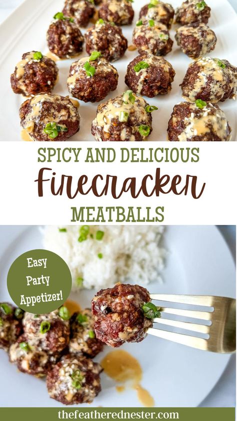 Firecracker Meatballs are spicy and delicious drizzled with a creamy sauce and topped with sesame seeds. It’s an appetizer you can’t miss! Firecracker Meatballs, Gluten Free Recipes Appetizers, Meatball Appetizer Recipe, Fire Cracker, Appetizer Meatballs, Gluten Free Appetizers, Asian Inspired Dishes, Finger Foods Easy, Quick And Easy Appetizers