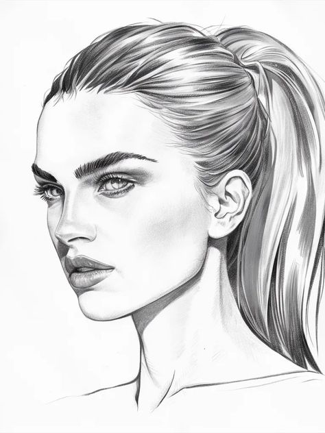 Jawline Sharp, Neck Illustration, Sharp Eyebrows, Sharp Jawline, Girls Painting, Intense Eyes, Illustration Painting, Side Profile, Pencil Sketch