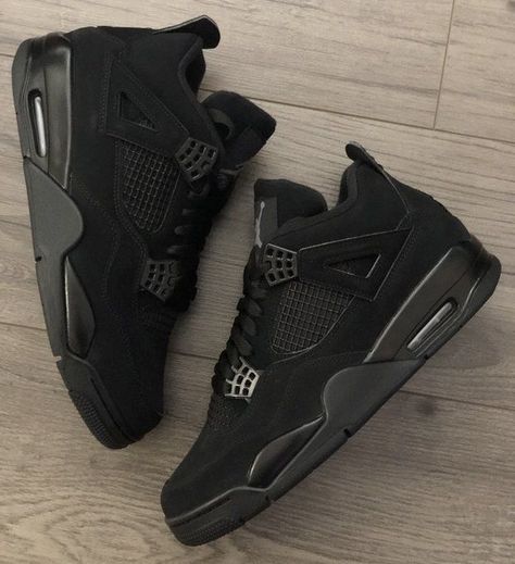 Air Jordan 4 Black Cat, Jordan Black Cat, Jordan 4 Black, Pretty Shoes Sneakers, Jordan Shoes Retro, All Nike Shoes, Denim On Denim, Cute Nike Shoes, Jordan 4 Retro