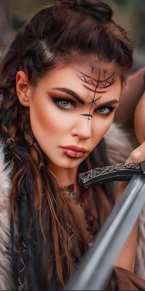 Huntress Makeup Halloween, Viking Seer Makeup, Nordic Goddess Costume, Norse Goddess Costume, Viking Makeup Female Simple, Easy Viking Makeup Women, Viking Face Paint Women, Pagan Makeup Witch, Post Apocalyptic Makeup