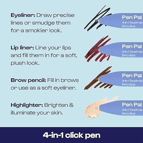 Amazon.com : Alleyoop Pen Pal 4-in-1 Makeup Pen - Comes with Eyeliner, Highlighter, Lip Liner, and Eyebrow Pencil - Touch Up On the Go - Cruelty-Free, Vegan (Berry Busy (Dark)) : Beauty & Personal Care Eyeliner Highlighter, Makeup Pen, Fill In Brows, Pen Pal, Brow Pencils, Dark Beauty, Eyebrow Pencil, 4 In 1, Touch Up