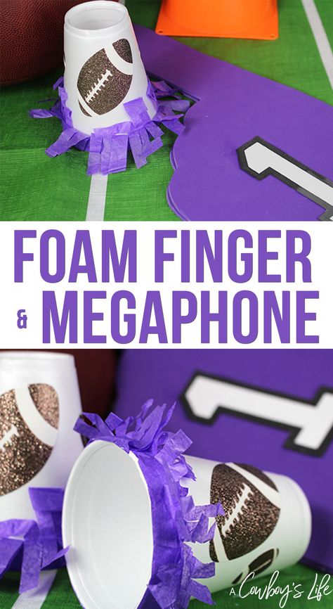 DIY Foam Finger & Megaphone - A Cowboys Life | Football Craft | Football Season Diy Foam Finger, Diy Football Game, School Spirit Crafts, Cheerleading Crafts, Team Spirit Crafts, Gymnastics Camp, School Spirit Days, Football Diy, Football Crafts