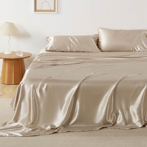 PRICES MAY VARY. Silky Texture: Designed to mimick the lavish feel of silk, these silky sheets offer exceptional softness, a buttery-smooth touch, and refined elegance. This satin sheet is Standard 100 by OEKO-TEX certified for meeting the highest testing criteria for harmful chemicals. Skin and Hair-Friendly: The silky texture of satin is easy on your hair and skin, preventing tugging and irritation throughout the night. Multiple Colors: Bedsure satin sheet set brings an effortlessly chic style Silk Sheets Aesthetic, Silky Bed Sheets, Silk Bed Sheets, Pillow Case Mattress, Queen Bed Sheets, Coastal Room, Bohemian Room, Silk Sheets, Satin Bedding