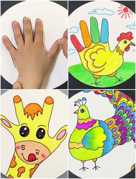 Cute Handprint Animal Drawing Tutorial for Kids | animal, drawing, tutorial | Creative Ways to Make Handprint ANIMALS | By Kidpid Handprint Drawing, Easy Hand Drawing, Animal Drawing Tutorial, Handprint Animals, Hand Print Animals, Hand Art Projects, Easy Hand Drawings, Kid Drawing, Hand Art Kids