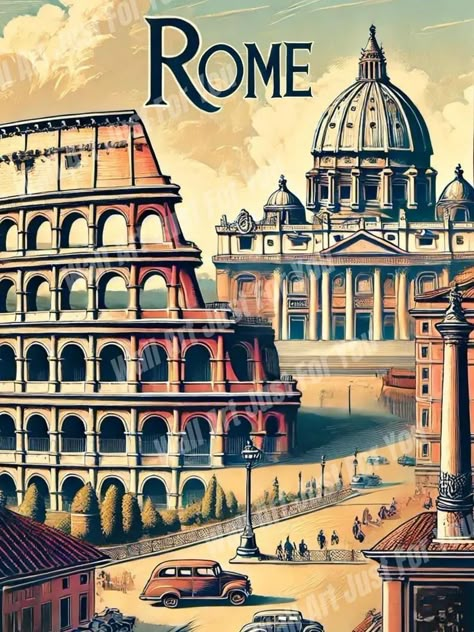 Vintage Postcard Display, Vintage Rome, Postcard Display, Travel Doodles, Architecture Blueprints, Photoshop Tutorial Graphics, Travel Poster Design, Retro Kunst, Retro Travel Poster