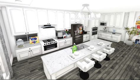 Bloxburg Kitchen Ideas Black People, Kitchen Ideas Bloxburg Realistic, Bloxburg Bathroom Mirror Decals, Big Kitchen Bloxburg, Bloxburg House Ideas Black Family, Bloxburg Black And White Decals, Rich Bloxburg House, Kitchen Bloxburg Ideas, Roblox Layout