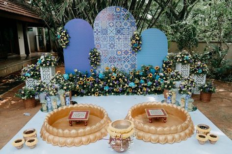 Photo from Rowena and Siddharth Wedding Blue Haldi Decor, Haldi Design, Mehendi Backdrop, Haldi Stage, Haldi Backdrop, Couple Seating, Engagement Party Venue, Balloon Birthday Themes, Haldi Decoration Ideas