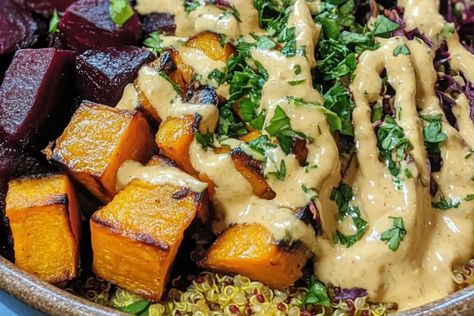 This Roasted Beet and Sweet Potato Buddha Bowl with Turmeric Quinoa is a gluten-free, anti-inflammatory meal packed with flavor and nutrients. Japanese Sweet Potato Bowl, Sweet Potato Quinoa Bowl, Sweet Potato Buddha Bowl, Potato Buddha Bowl, Turmeric Quinoa, Budha Bowls, Sweet Potato Bowl, Potato Bowl, Sweet Potato Bowls