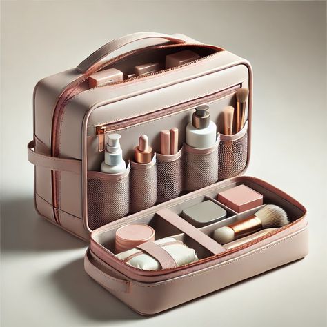 Stay organized on the go with this sleek and modern travel toiletry bag. Designed in pastel pink vegan leather with gold zippers, it features multiple compartments, including mesh pockets and elastic bands to securely store your skincare bottles, brushes, and beauty essentials. Perfect for travelers who value practicality and style, this luxurious bag keeps all your toiletries organized and easily accessible. Bag With Compartments, Bag Business, Travel Toiletry Bag, Toiletries Organization, Toiletry Bag Travel, Gold Zipper, Beauty Essentials, Staying Organized, Organization Hacks