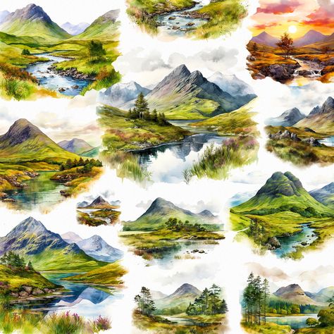 Scotland Moodboard, Scotland Clipart, Scotland Scrapbook Ideas, Scotland Watercolor, Watercolour Scotland, Scotland Stickers, Scotland Nature, Nature Clipart, Shirt Inspiration