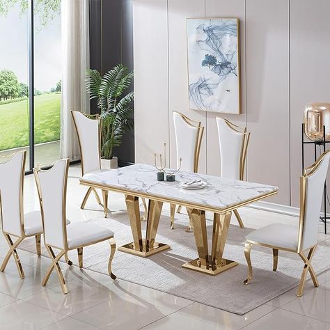 Amazon.com - White Marble Dining Table Set for 8, 9 Piece Gold Kitchen Dining Room Table Set and 8 PU Leather Upholstered Chairs w/High Backest, Modern Faux Marble Kitchen Dining Table and Chairs for Dining Room - Tables Modern Marble Kitchen, Acrylic Dining Table, Dining Room Grey, Dining Table For 8, White Marble Dining Table, Dining Table Set For 6, Marble Dining Table Set, Gold Dining Room, Chairs For Dining Room