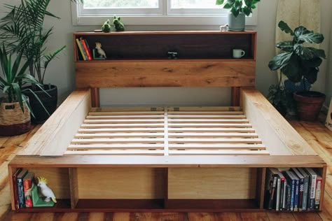 Bed With Shelves, Bookshelf Bed, Timber Furniture, Wooden Bed, Platform Bed, Side Tables, Queen Size, Bed Frame, Bookshelves