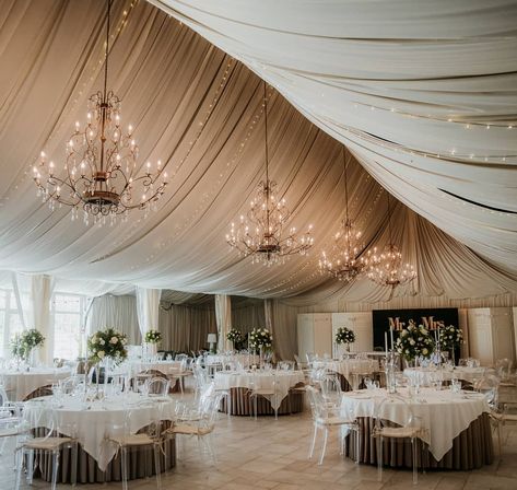 Wedding Table Layouts, Guild Hall, Honeymoon Avenue, Champagne Wedding Colors, Wedding Draping, Night Wedding Decor, Wedding Ceiling, Fabric Drape, Wedding Parties Colors