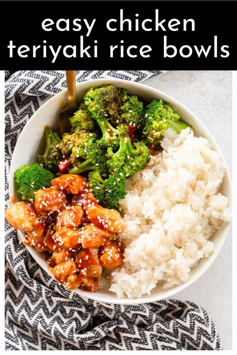 Chicken Teriyaki Rice Bowls is an easy weeknight dinner with a homemade teriyaki sauce, chicken breasts, broccoli, and bell peppers! The sauce is used on both the chicken and the vegetables for maximum teriyaki flavor, and it is served alongside fluffy white rice. Teriyaki Sauce Chicken, Teriyaki Rice, Easy Teriyaki Chicken, Teriyaki Recipe, Chicken Teriyaki Recipe, Chicken Rice Bowls, Chicken Teriyaki, Rice Bowls Recipes, Sauce Chicken