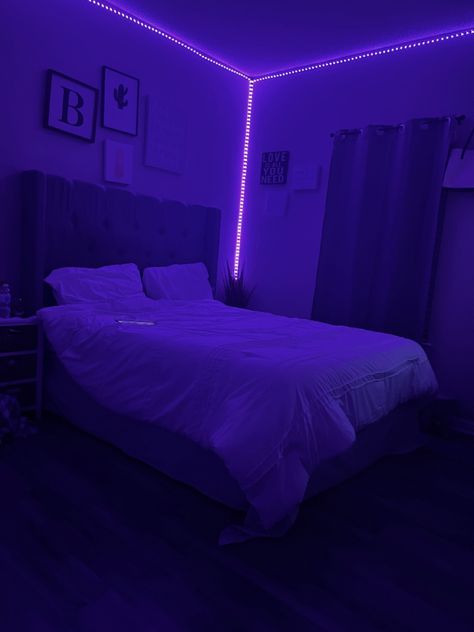 Grey Velvet Bed, Lounge Aesthetic, Purple Led Lights, Bedroom Aesthetics, Led Lighting Bedroom, Purple Bedrooms, Green Blanket, 2024 Year, Grey Room