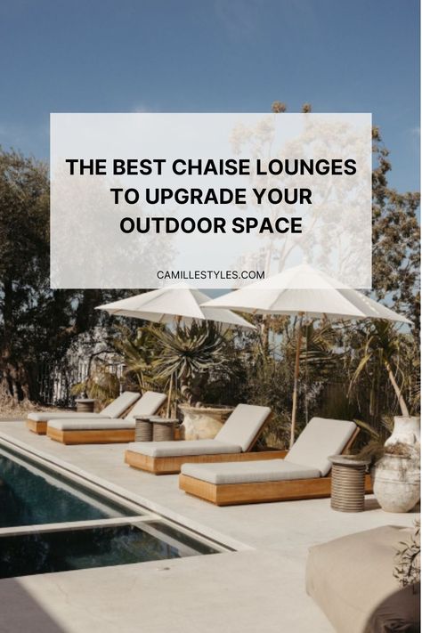 There’s nothing quite like stretching out and relaxing on a chaise lounge. That’s why I put together a list of the best outdoor chaise lounges you can buy from top retailers like Pottery Barn, West Elm, and more. Check out my poolside picks! Pool Chaise Lounge Chair, Pool Lounge Area, Pool Deck Furniture, Deck Furniture Layout, Pool Loungers, Pool Chaise Lounge, Poolside Furniture, Pool Pillow, Teak Chaise Lounge