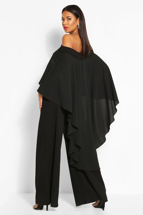 Womens Off The Shoulder Wide Leg Extreme Cape Jumpsuit - black - 4 Jumpsuit Cape, Plain Jumpsuits, Cape Jumpsuit, High Waist Jumpsuit, Mother Of Groom, Rompers Womens Jumpsuit, Chiffon Shawl, Jumpsuit Dressy, Maxi Dress Sale