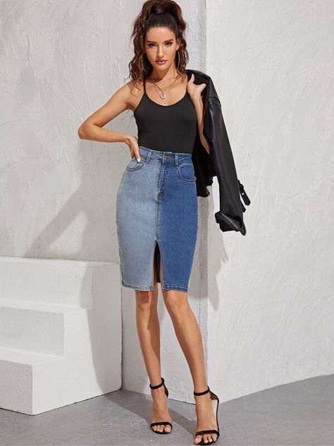 Denim Bodycon Skirt, Corporate Dress, Pencil Skirt Outfits, Fashion Terms, Diy Skirt, Denim Skirt Women, Half Slip, Denim Skirts, Shein Style