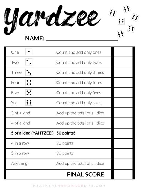 Yardzee! DIY Yahtzee for the yard {Heather's Handmade Life} Yardzee Score Card Printable Free, Yardzee Rules Printable Free, Yardzee Diy, Bowling Activities, Yahtzee Rules, Yahtzee Score Card, Yahtzee Score Sheets, Yard Yahtzee, Teamwork Games