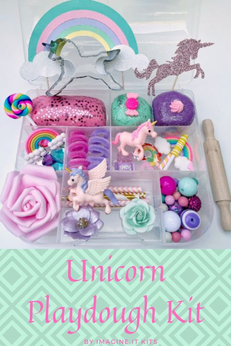 Unicorn Playdough Kit, Playdoh Sensory Kits Diy, Unicorn Sensory Bin, Playdough Themes, Unicorn Playdough, Natural Playdough, Unicorn Land, Playdough Sensory, Diy Playdough