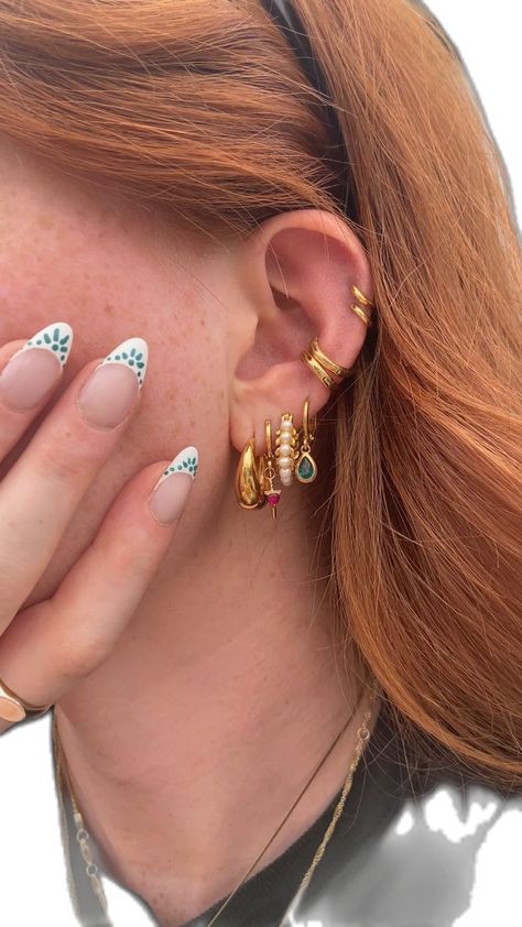 Boho Earring Stack, Ear Party, Wrist Jewelry, Jewelry Inspo, Boho Earrings, Piercings, Gold Earrings, Tattoos, Nails