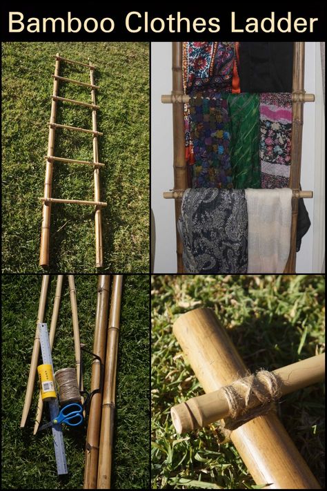 Learn how to make a rustic bamboo ladder for hanging clothes and towels! Uses For Bamboo Poles, Clothes Ladder, Bamboo Ladder, Repurposed Ladders, Ladder Hanger, Hanging Ladder, Diy Bamboo, Bamboo Ladders, Bamboo Diy