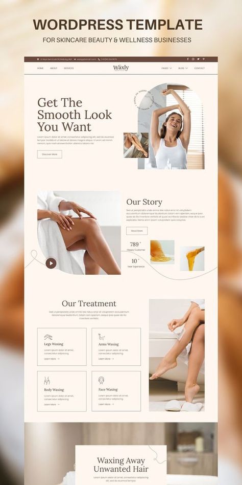 Waxly is a modern and clean Elementor Template Kit that is perfect for those who want to create a professional-looking WordPress-based website for a Waxing & Threading Salon, Spa, Wellness, and any other beauty care business. Esthetician Website, Wordpress Website Template, Web Design Inspiration Layout, Advertising Campaign Design, Feminine Website Design, Logo Online Shop, Waxing Salon, Business Web Design, Banner Design Inspiration