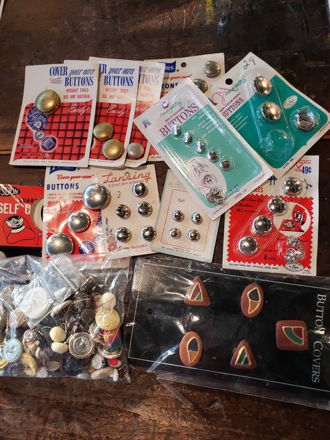 Unique mix of cards with buttons to cover, as well as a bag of vintage covered buttons. One card of already covered buttons still sealed in it's original package. Great for crafting or sewing. ` Cards With Buttons, Sewing Notions, Covered Buttons, Packaging, Sewing, The Originals