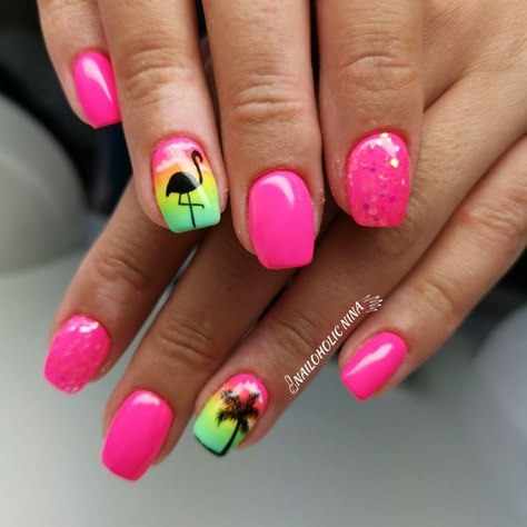 Summer Nails Palm Tree Tropical, Summer Beach Gel Nails Ideas, Neon Cruise Nails, Easy Palm Tree Nail Design, Summer Nails With Palm Trees, Tropical Nail Designs Bright Colors, Neon Pink Beach Nails, Bright Cruise Nails, Flamingo Nails Tropical