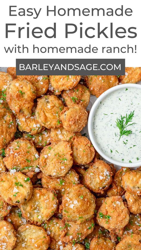 These homemade fried pickles (or "frickles") are battered and deep fried to perfection, then served with tangy homemade buttermilk ranch! They're a great appetizer for game-day, burger night, or any occasion! Fried Pickle Wet Batter, Home Made Fried Pickles, Batter For Fried Pickles, Southern Fried Pickles, Buttermilk Fried Pickles, Homemade Fried Pickles, Fried Pickles Recipe Air Fryer, Gluten Free Fried Pickles, Frickles Recipe